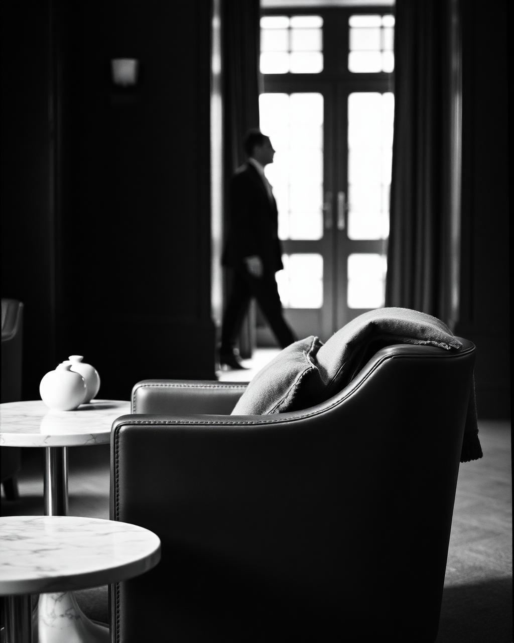 A quiet private lounge in soft window light, a figure passing in the distance